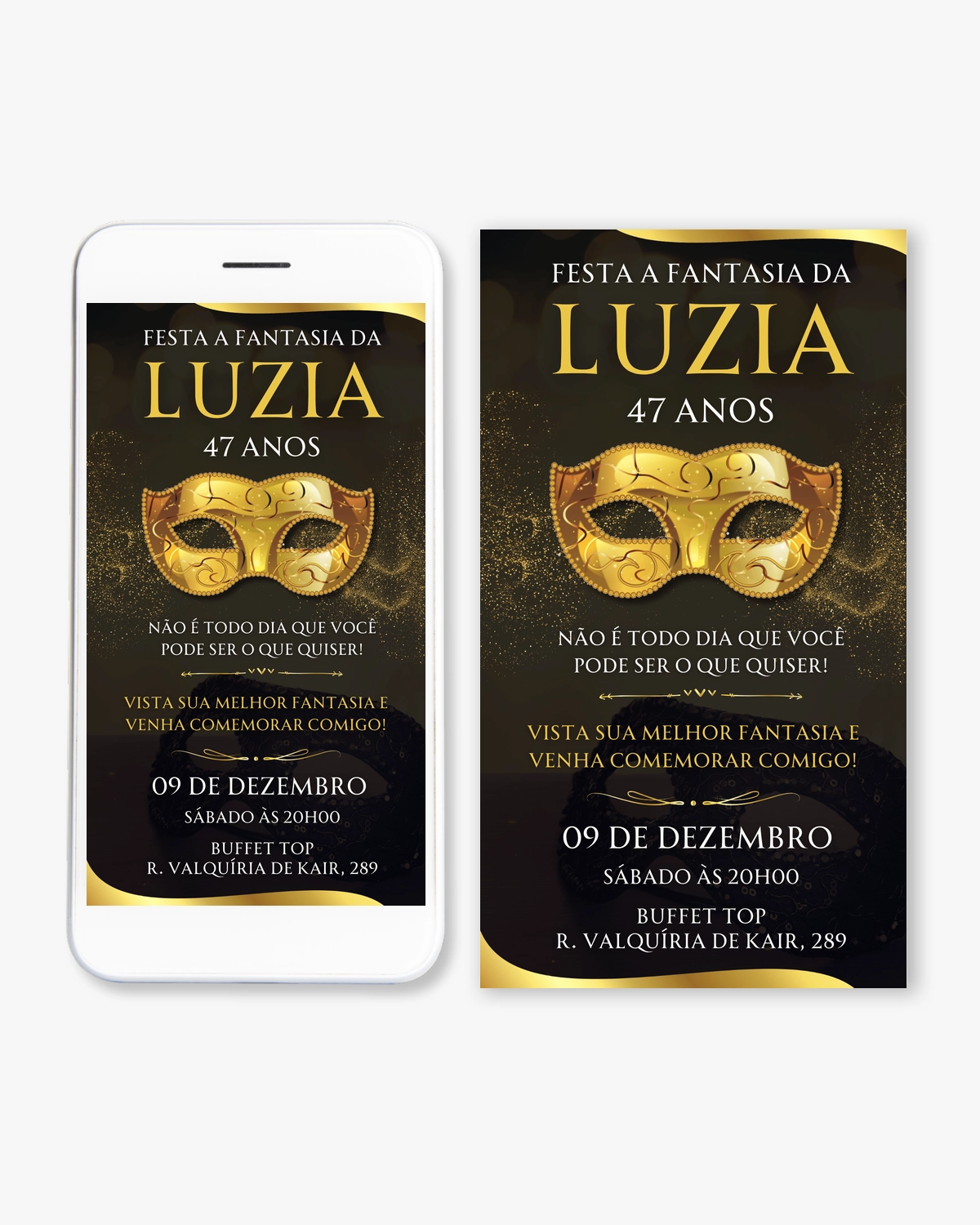 Convite Digital Baile de Máscaras Preto e Dourado