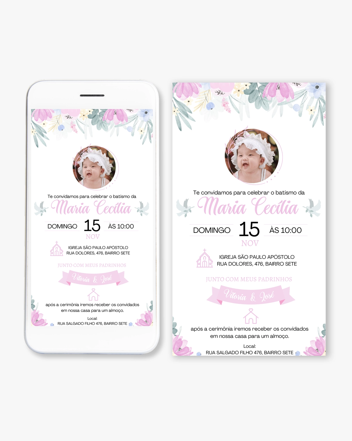 Convite Digital Batizado Floral Rosa