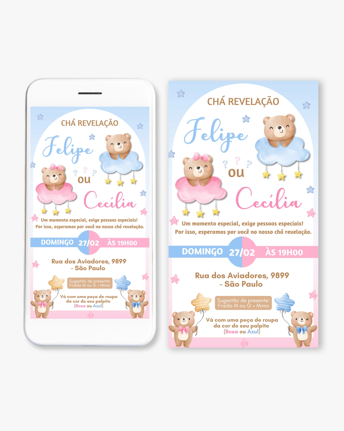 Convite Digital Chá Revelação Azul e Rosa com Ursinhos