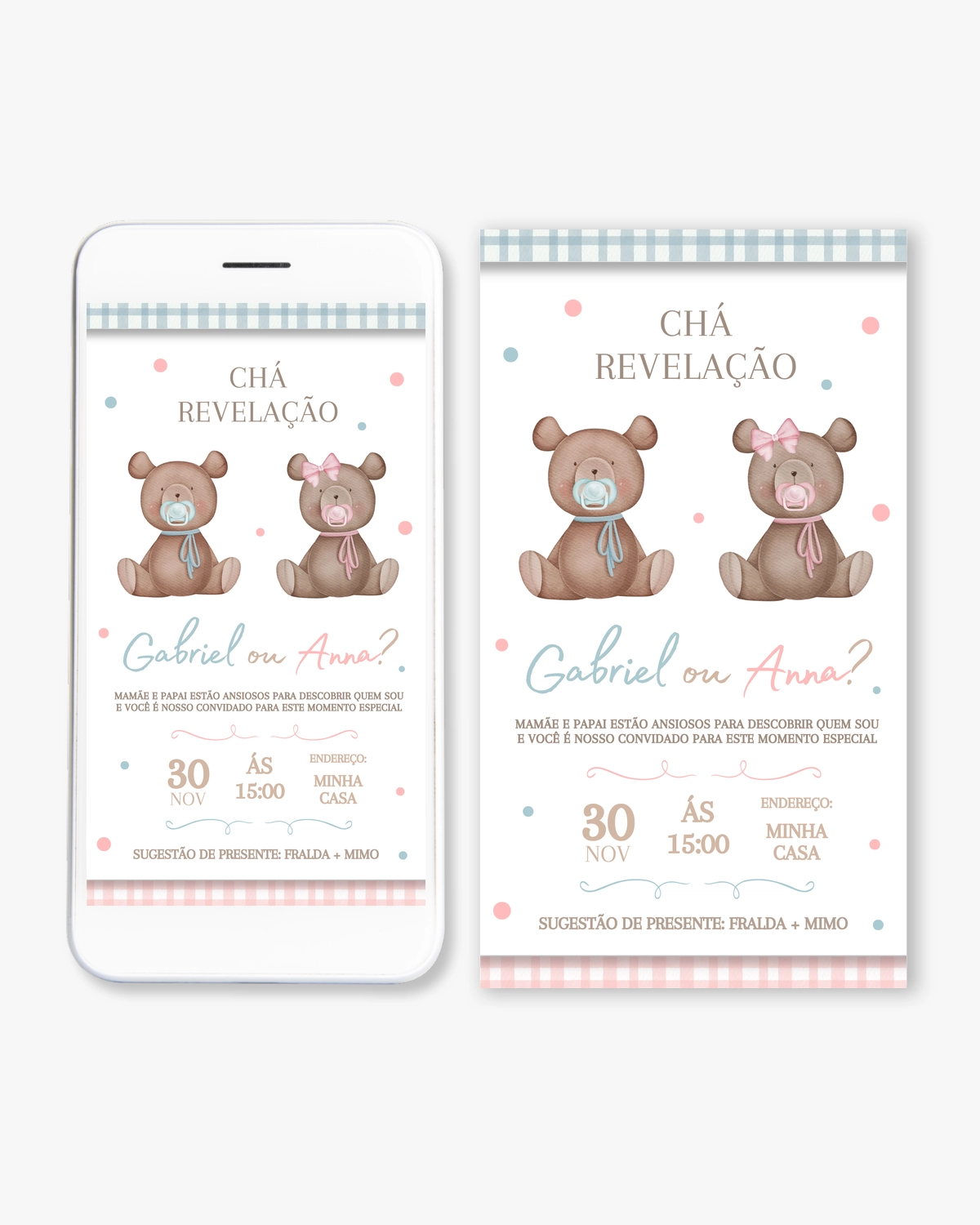 Convite Digital Chá Revelação Ursinhos Rosa e Azul