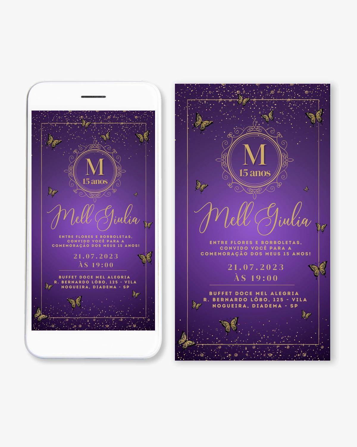 Convite Digital Roxo com Borboletas 15 Anos