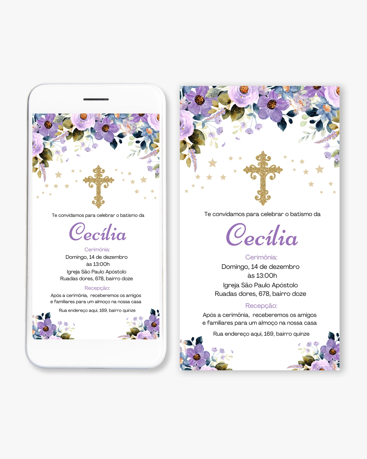 Convite Digital Batizado Floral Lilás
