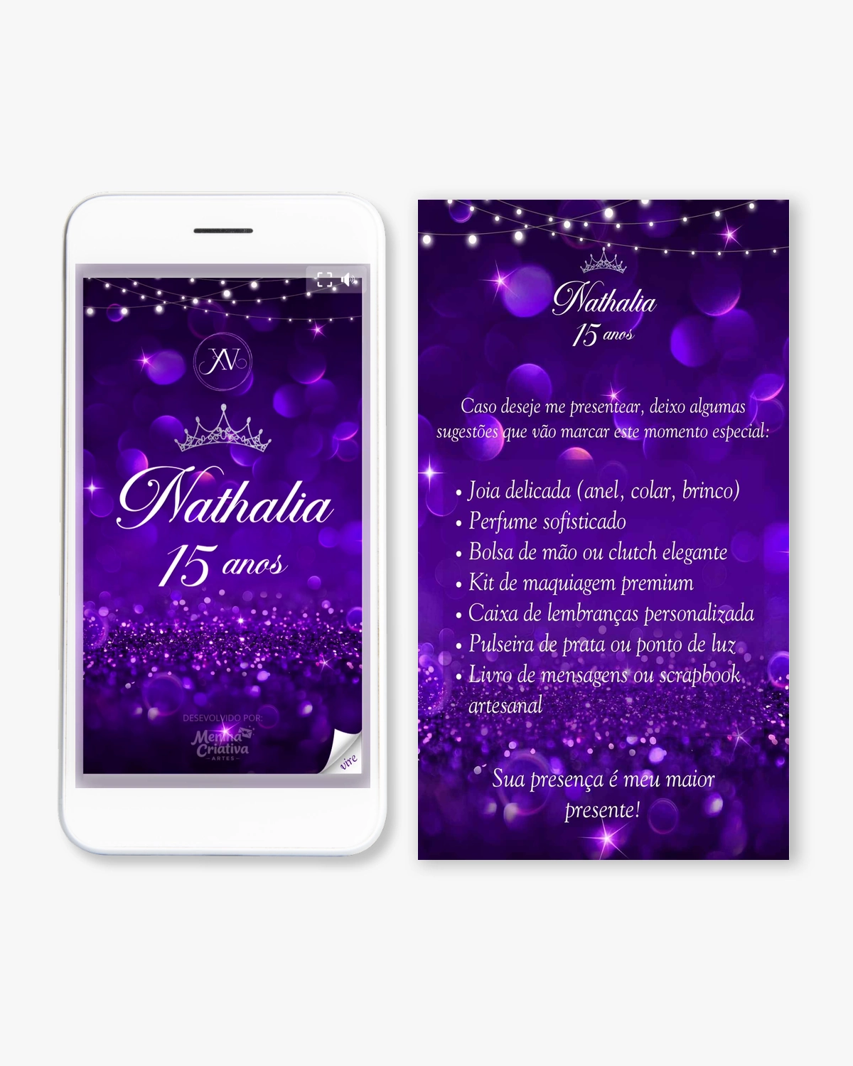 Convite Estilo Livrinho Folheável Roxo e Prata Debutante